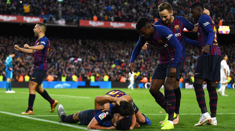 Barcelona celebrating their 3rd goal in the El Clasico against Real Madrid