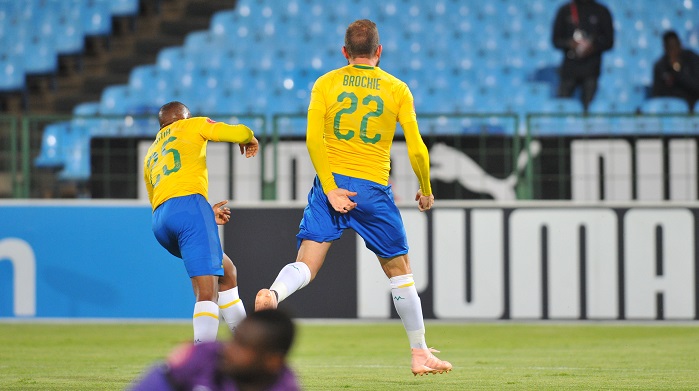 Jeremy Brockie of Mamelodi Sundowns celebrates breaking his goal drought. Sydney