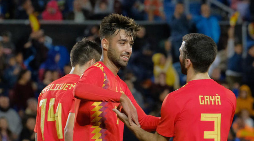 Brais Mendez of Spain celebrates his debut goal