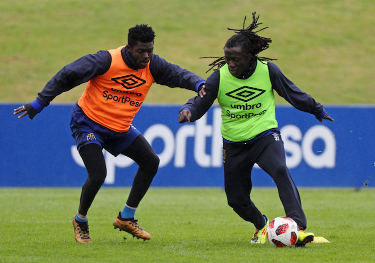 Allan Kateregga of Cape Town City evades challenge from Kouassi Kouadja of Cape Town City during the 2018 MTN 8 Cape Town City FC Media Open Day at Hartleyvale, Cape Town on 25 September 2018 ©Chris Ricco/BackpagePix