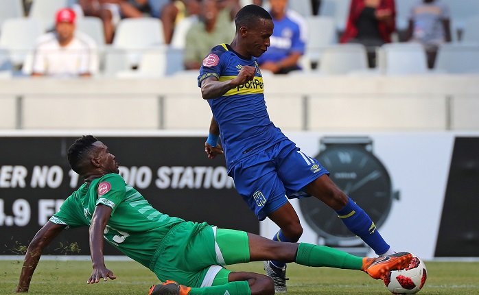 Surprise Ralani of Cape Town City FC tackled by Lucky Baloyi of Bloemfontein Celtic