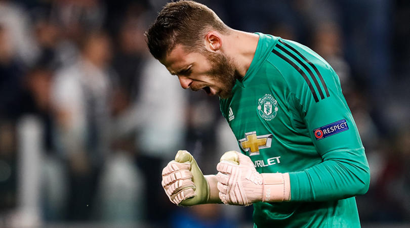 David de Gea of Manchester United celebrates a goal during the Group H match of the UEFA Champions League between Juventus FC and Manchester United FC on November 7, 2018 at Juventus Stadium in Turin, Italy. (Photo by Mike Kireev/NurPhoto/Sipa USA)