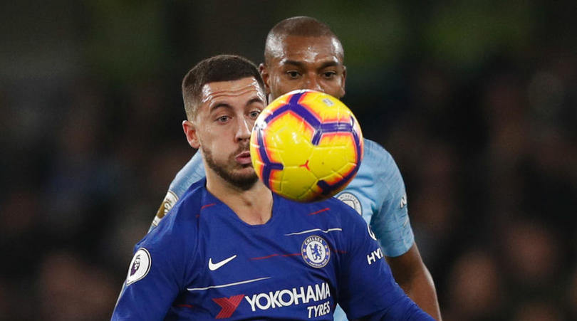 Eden Hazard of Chelsea and Fernandinho of Manchester City