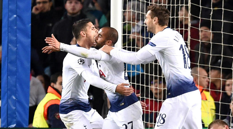 Lucas Moura celebrates his goal against Barcelona