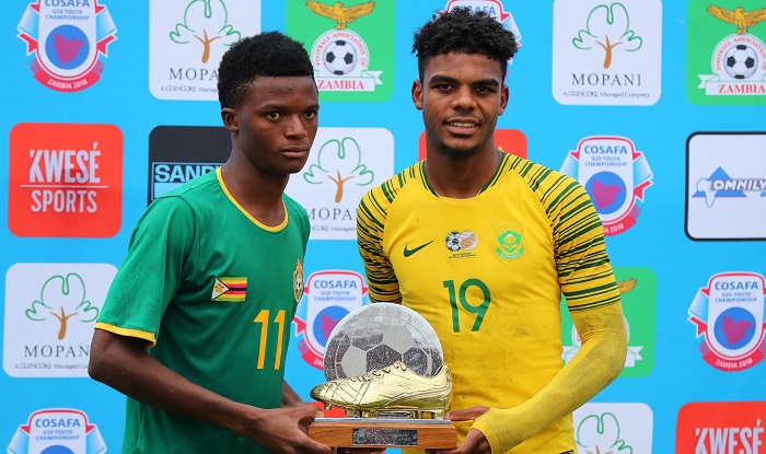 Delic Murimba of Zimbabwe and Lyle Foster of South Africa (r) winners of the Golden Boot during the 2018 Cosafa U20 Championship