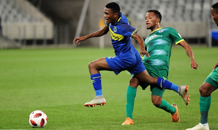 Gift Links of Cape Town City challenged by Goodman Mosele of Baroka FC