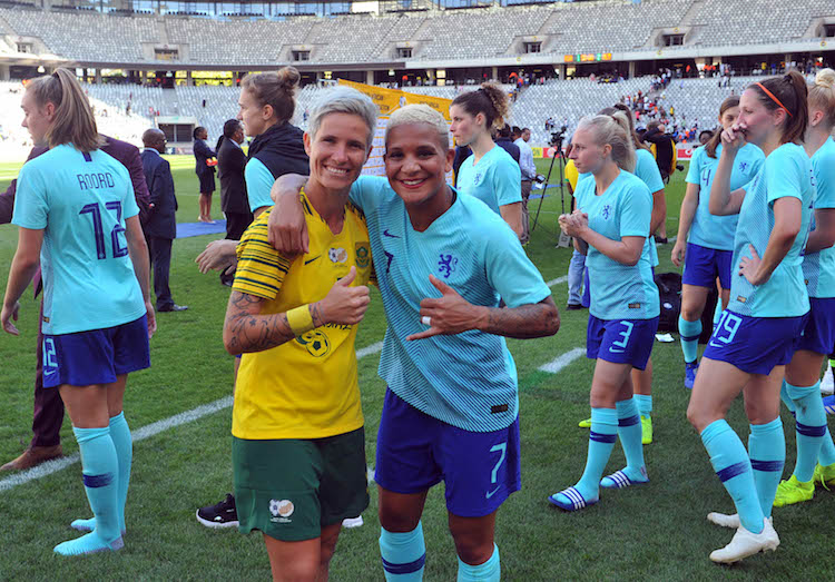 Janine Van Wyk of South Africa and Shanice vd Sanden of Netherlands during the International Women's Friendly match between South Africa and The Netherlands 19 January 2019 at Cape Town Stadium Pic Sydney Mahlangu/ BackpagePix