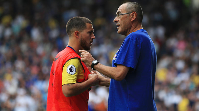 Chelsea manager Maurizio Sarri and Eden Hazard