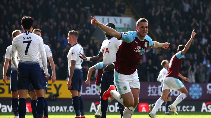 Chris Wood of Burnley celebrates scoring the opener against Tottenham Hotspur