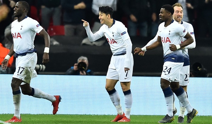 Heung-Min Son of Tottenham Hotspur celebrates opening the scoring against Borussia Dortmund