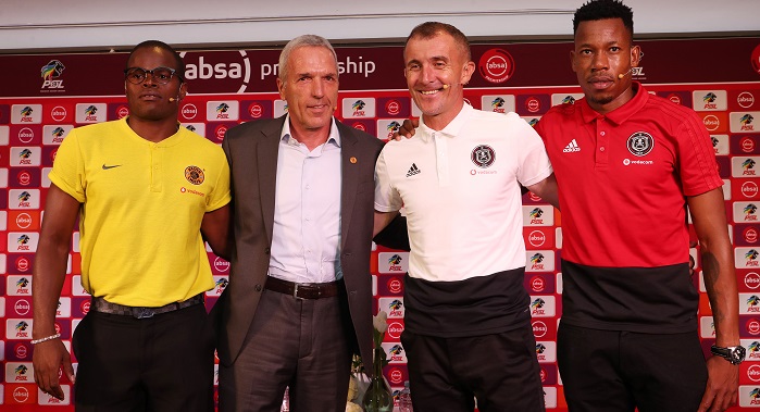 Willard Katsande and Ernst Middendorp of Kaizer Chiefs and Milutin Sredojevic of Orlando Pirates