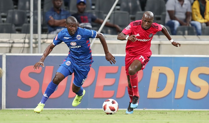 Aubrey Modiba of Supersport United challenged by Musa Nyatama of Orlando Pirates