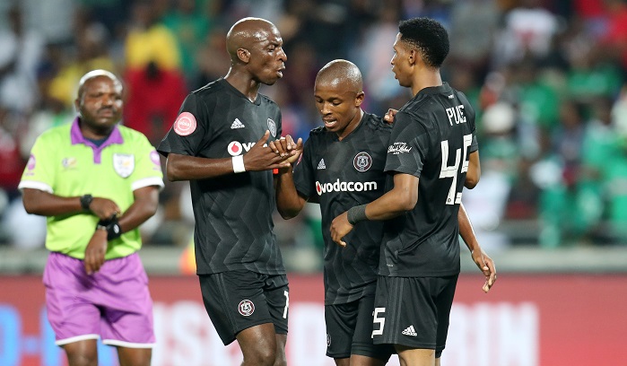 Luvuyo Memela of Orlando Pirates celebrates with Musa Nyatama and Vincent Pule