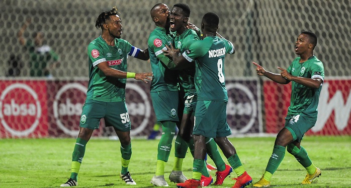 Tapelo Nyongo of AmaZulu FC celebrates with his teammates