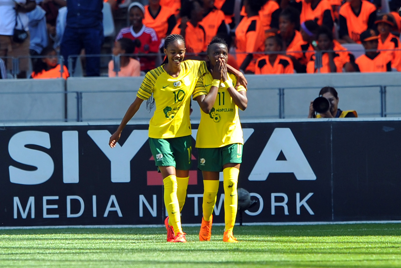 Thembi Kgatlana of South Africa celebrates goal during the International Women's Friendly match between South Africa and The Netherlands 19 January 2019 at Cape Town Stadium Pic Sydney Mahlangu/ BackpagePix