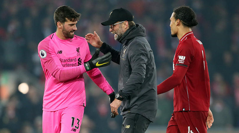 Liverpool manager Jurgen Klopp, Alisson and Virgil Van Djik