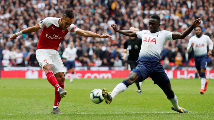 Pierre-Emerick Aubameyang of Arsenal and Davidson Sanchez Tottenham Hotspur