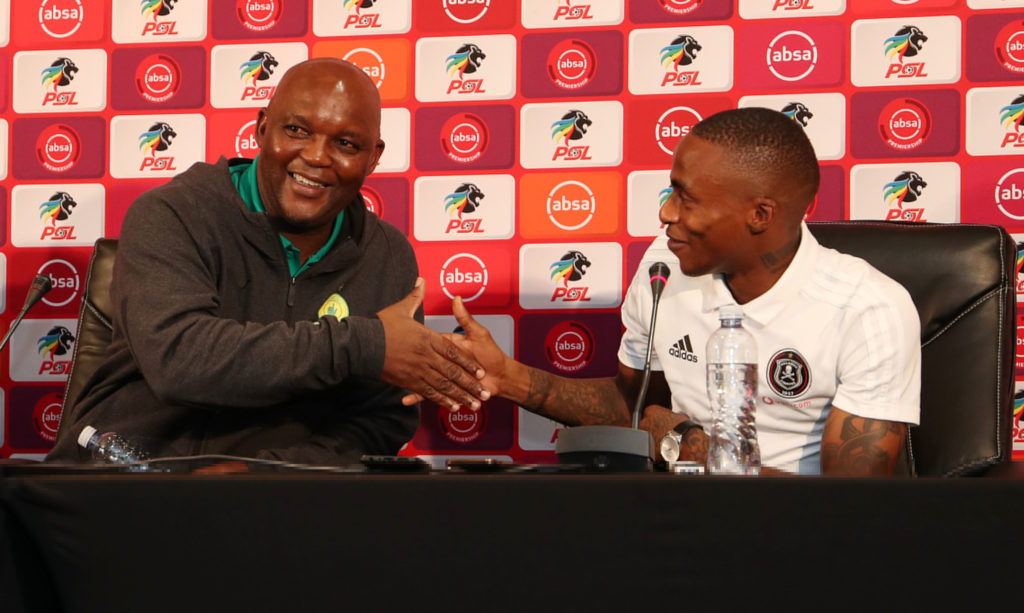 Pitso Mosimane, coach of Mamelodi Sundowns with Thembinkosi Lorch of Orlando Pirates