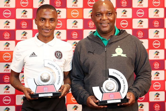 Thembinkosi Lorch of Orlando Pirates and Pitso Mosimane, coach of Mamelodi Sundowns