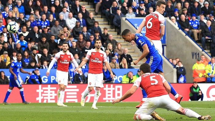 Youri Tielemans meets James Maddison's cross with a powerful header, giving Leicester the breakthrough just before the hour-mark