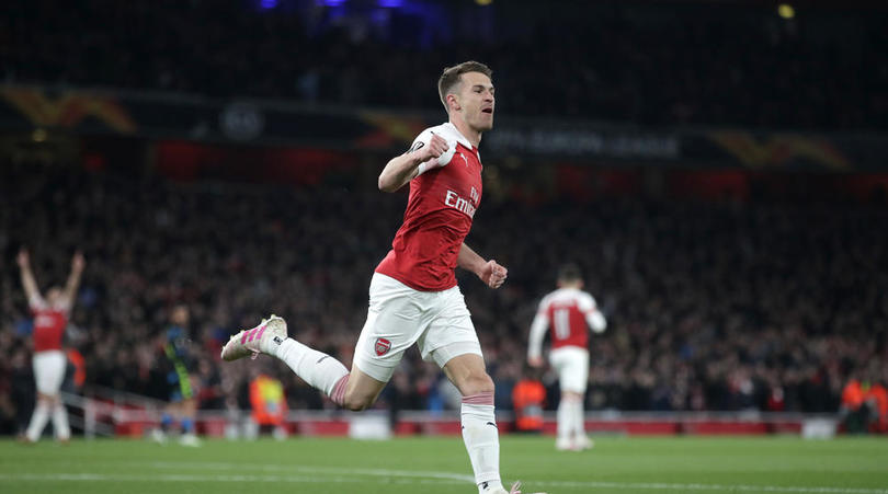 Aaron Ramsey of Arsenal celebrates scoring his side's first goal of the game