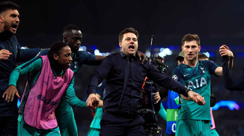 Tottenham Hotspur's Kyle Walker-Peters, manager Mauricio Pochettino and Ben Davies celebrate after the UEFA Champions League quarter final second leg against Manchester City