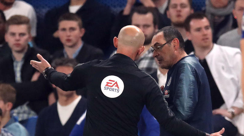 Chelsea manager Maurizio Sarri is sent off from the touchine during the Premier League match at Stamford Bridge, London