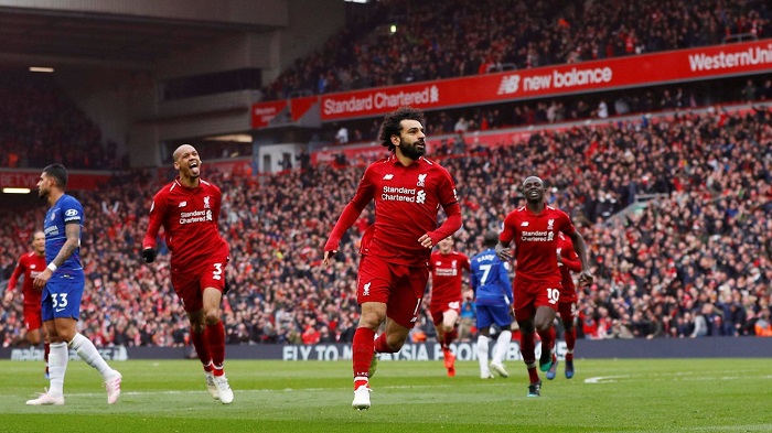 Mohamed Salah of Liverpool celebrates his goal against Chelsea