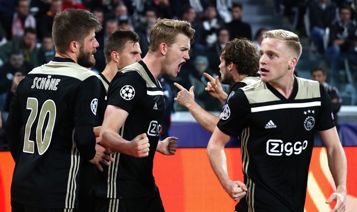 Matthijs de Ligt of Ajax celebrates scoring the winner against Juventus