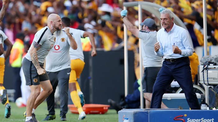 Ernst Middendorp, coach of Kaizer Chiefs celebrates a goal during the 2019 Nedbank Cup quarter-final match against Cape Town City