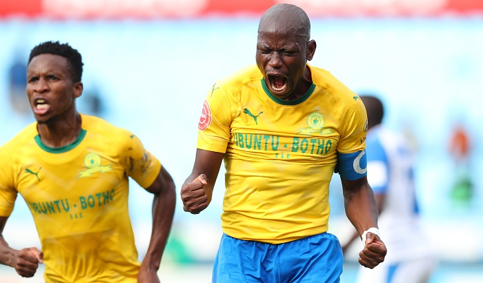 Mamelodi Sundowns captain Hlompho Kekana celebrates his goal with Themba Zwane