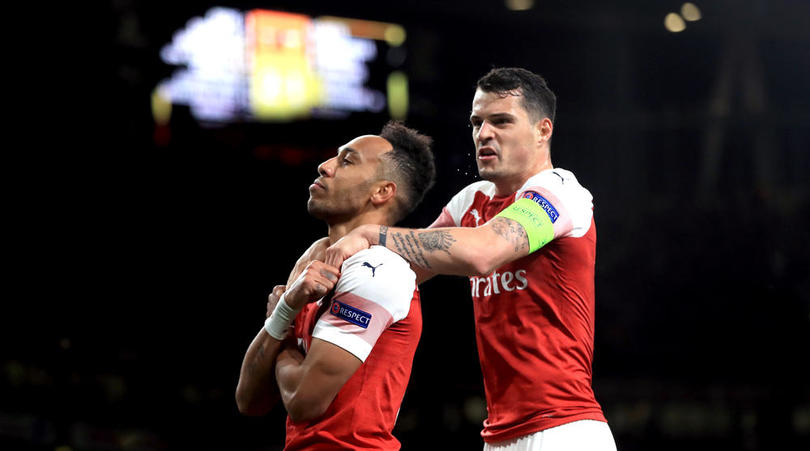 Arsenal's Pierre-Emerick Aubameyang celebrates scoring his side's third goal of the game