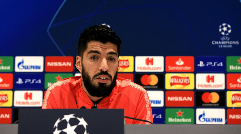 Barcelona's Luis Suarez during the press conference at Anfield Stadium, Liverpool.