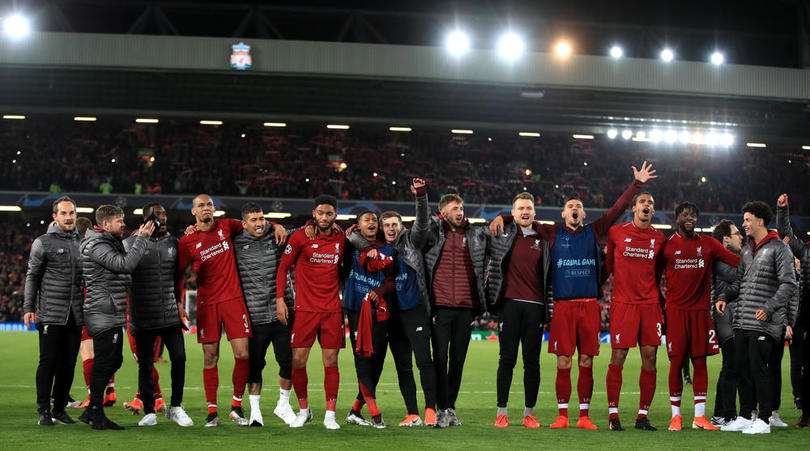 Liverpool celebrate after the UEFA Champions League Semi Final, second leg match at Anfield, Liverpool.