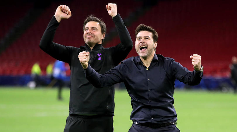 Tottenham Hotspur manager Mauricio Pochettino and Miguel D'Agostino celebrate progression to the Champions League final