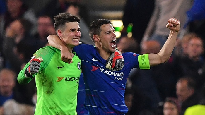 Goalkeeper Kepa Arrizabalaga and defender Cesar Azpilicueta of Chelsea celebrate