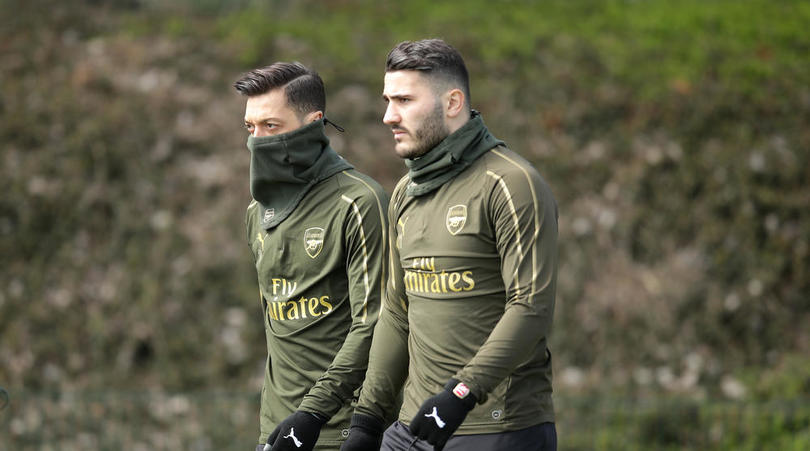 Arsenal's Mesut Ozil and Sead Kolasinac during the training session at London Colney.