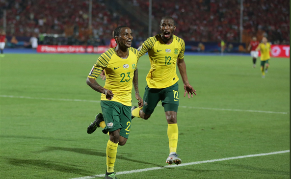 Bafana Bafana forward Thembinkhosi Lorch celebrates after scoring the winner against Egpyt