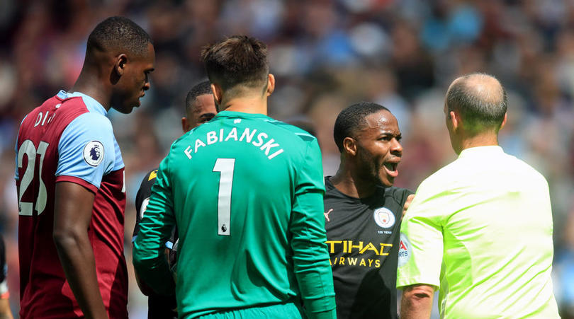 Manchester City's Raheem Sterling reacts as VAR check disallows their third goal of the match scores by a goal in their Premier League opener against West Ham