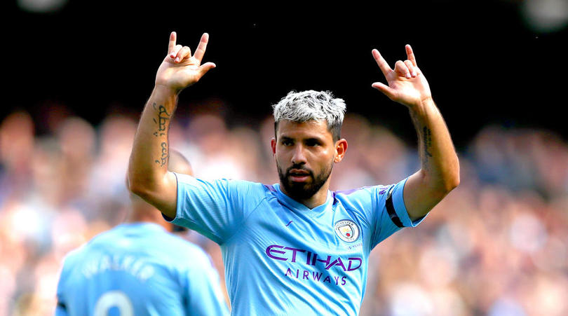 Sergio Aguero of Manchester City celebrates scoring his side's third goal of the game during the Premier League match at the Etihad Stadium, Manchester.