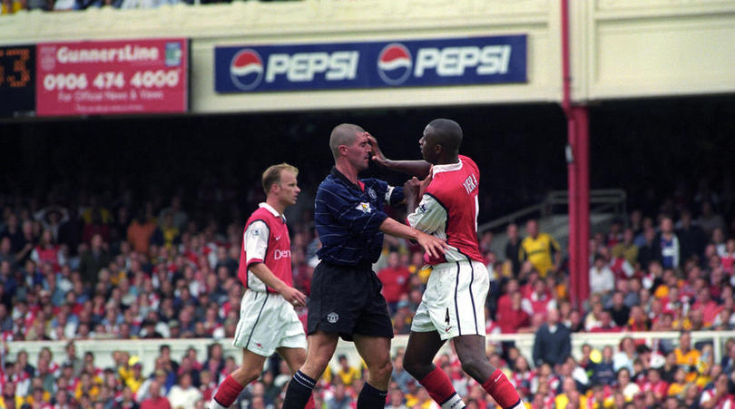 Roy Keane of Manchester United and Arsenal's Patrick Vieira come to blows during an FA Premiership football match at Arsenal's Highbury ground.