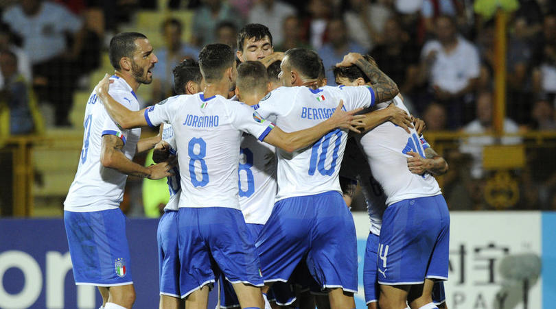 Italy players celebrate after scoring in their Euro 2020 qualifier