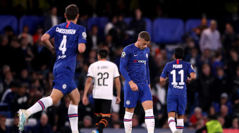 Chelsea's Ross Barkley reacts after missing from the penalty spot during the UEFA Champions League Group H at Stamford Bridge, London.