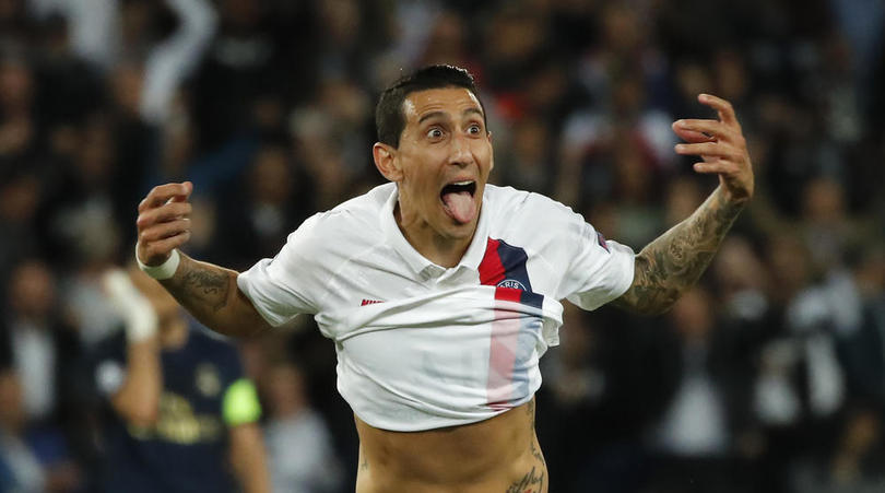 PSG's Angel Di Maria celebrates after scoring his side's second goal during the Champions League group A soccer match between PSG and Real Madrid at the Parc des Princes stadium in Paris, Wednesday, Sept. 18, 2019. (AP Photo/Francois Mori)