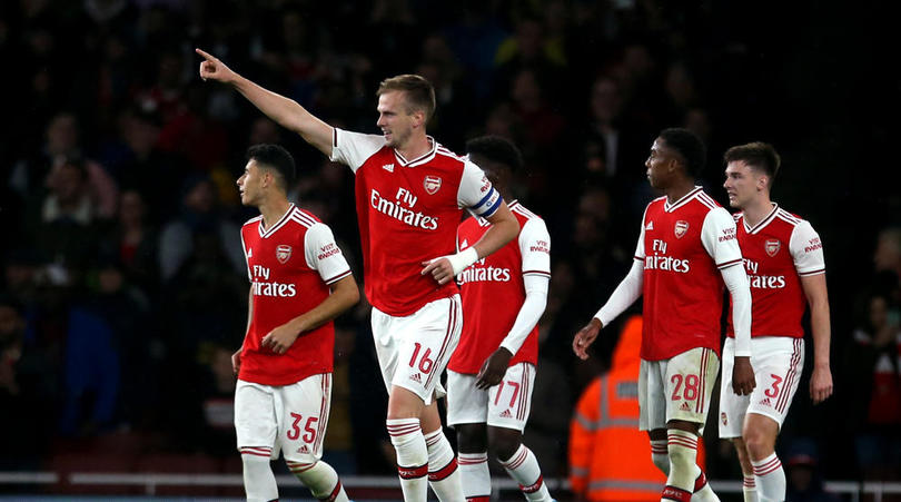 Arsenal's Rob Holding celebrates scoring his sides second goal during the Carabao Cup, Third Round match at the Emirates Stadium, London.