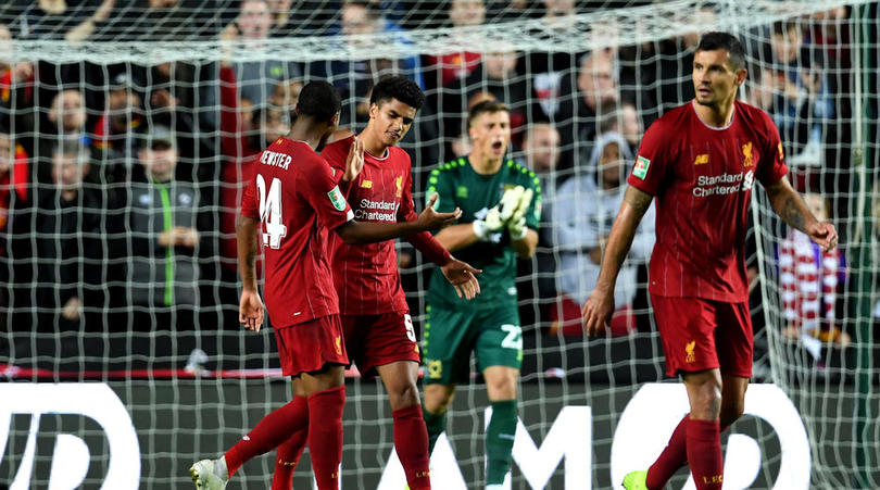 Liverpool's Ki-Jana Hoever celebrates scoring his side's second goal of the game during the Carabao Cup, Third Round match at Stadium MK, Milton Keynes.