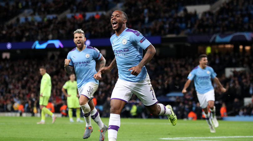 Manchester City's Raheem Sterling scelebrates scoring his side's first goal of the game during the UEFA Champions League match at the Etihad Stadium, Manchester.