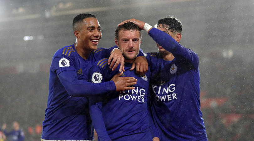 Leicester City's Jamie Vardy (centre) celebrates scoring his side's fifth goal of the game with team mate Ayoze Perez (right) and Youri Tielemans during the Premier League match at St Mary's Stadium, Southampton.