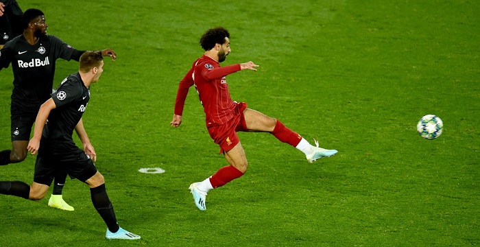 Mohamed Salah of Liverpool nets the winner against RB Salzburg