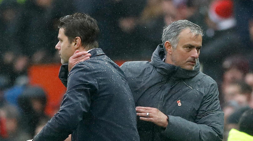 Jose Mourinho shakes hands with former Tottenham Hotspur manager Mauricio Pochettino